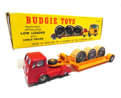 A BUDGIE TOYS NO.232, SEDDON ARTICULATED LOW LOADER WITH CABLE DRUMS  with a red tractor unit, orange trailer and silver plas
