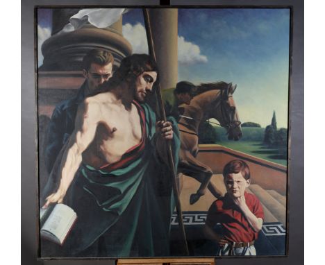 ARR Christopher D Gill (20th/21st century)Childhood Ambition, Boy with figures, jockey and racehorse, initialled CDG and date