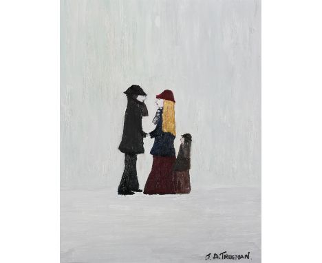 James A Trueman 20th Century, Jim, Group of three figures, oil on board, signed to lower right, 38cm x 30cm 