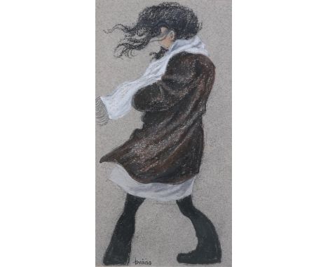 ARR Brian Shields 'braaq' (1951-1997), portrait of a girl on a windy day, full length, pastel, signed braaq to lower left, 15