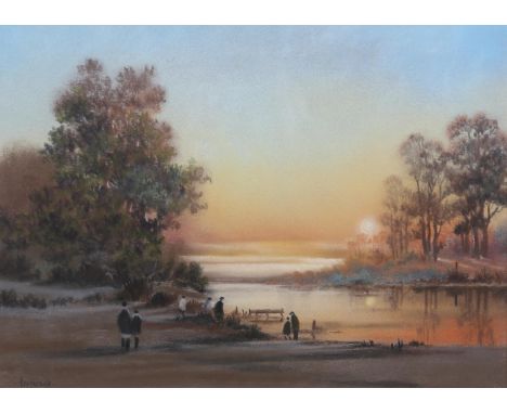 ARR Brian Shields 'braaq' (1951-1997), parkland at dusk with figures by the lakeside, pastel, signed 'braaq' to lower left, 2