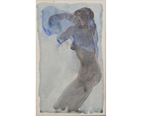 Mido, 20th Century, reclining nude female, three quarter portrait, colour wash over pen, signed to lower right, 23cm x 14.5cm