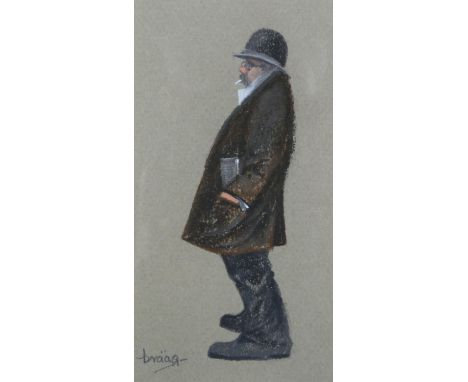 ARR Brian Shields 'braaq' (1951-1997), portrait of an elderly man, wearing hat and coat, standing with his newspaper tucked i