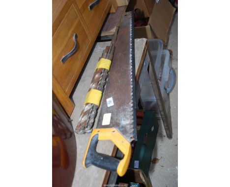 Large quantity of masonry items, plus a handsaw, etc.