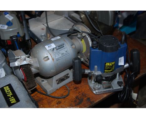 A 'Hilka' 6" bench Grinder with wire brush head and a Power Craft router.