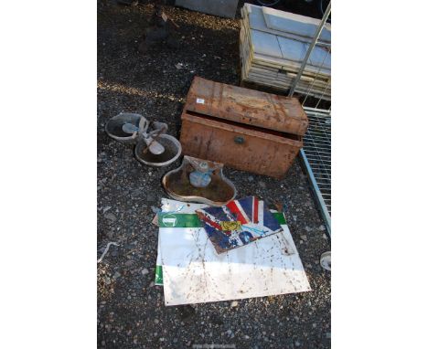 A metal trunk, two cattle drinkers, two aluminium Castrol Oil signs and an enamelled Union Jack sign.