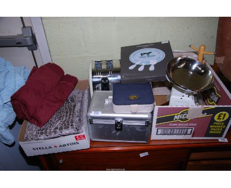 A box of miscellaneous - 'Russell Hobbs' 4 slice toaster, cheese board, scales, off-cut fabrics, and jewellery case etc.