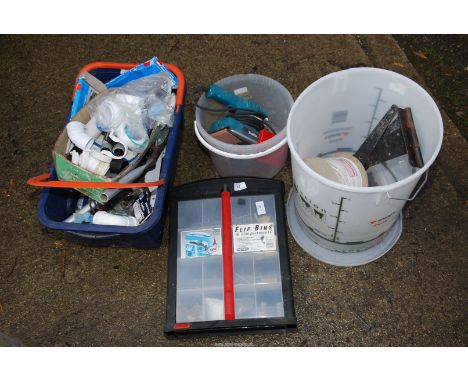 A bucket of butt hinges, telephone cable, and sander, etc.