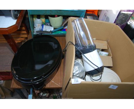 A large enamel meat dish, salad spinner, and liquidiser, etc.