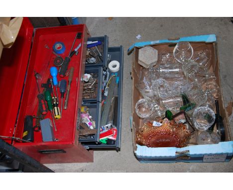 A Stack-on tool box and contents, drill bits, screw drivers and a box of glass.
