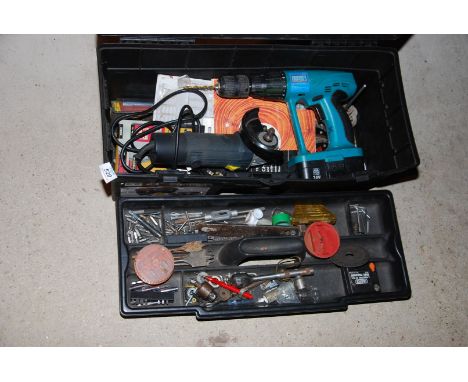 A large Stanley tool box, drill cordless and various tools, etc.,