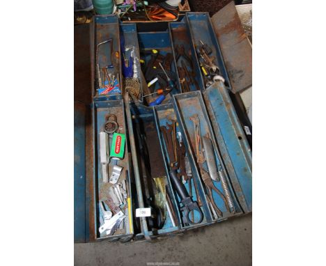 Two cantilever tool boxes with contents - spanners, nails, and stilsons etc.