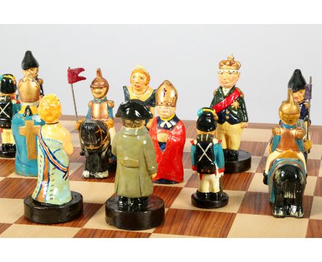 Waterloo Chess set by J.H. Edwards circ. 1975 No. 4 of a Limited Edition of 20. British colours dark blue and red and the Kni