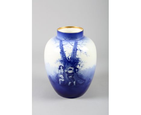 Large Royal Doulton vase, baluster form, blue and white decoration of a group of children playing hide and seek, Factory stam