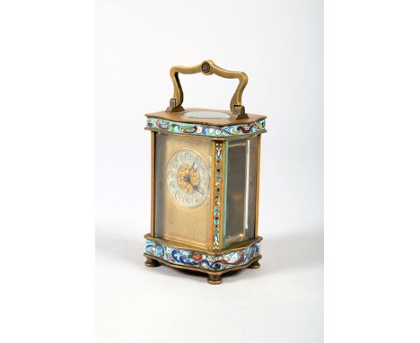 19th French brass and champlevé enamel carriage clock. 12cm high (excluding handle) 
