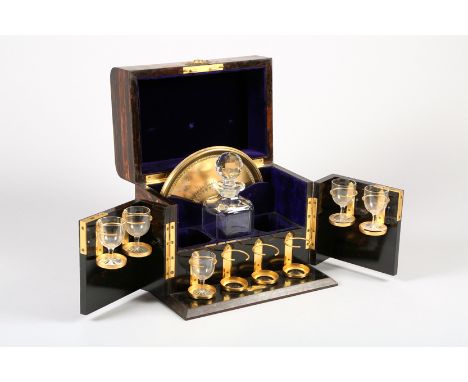 Victorian calamander wood decanter box, with fitted interior for glasses and decanters, containing five glasses, one decanter