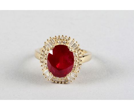 14K yellow gold and diamond ring set with an oval cut ruby, approx. 5.4 carats, diamond weight approx. 1.10 carats 