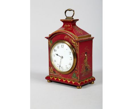 Early 20th Century red lacquered Japanese mantel clock, time piece by Exacta, France. 22cm high 
