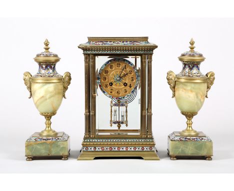 19th Century French three piece onyx and champlevé enamel clock garniture, four glass mantel clock with a mercury pendulum, t