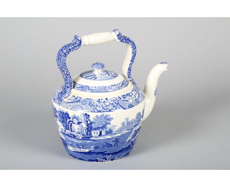 Large blue and white ceramic Spode tea pot, black Factory stamp Italian Spode design. 30cm high 