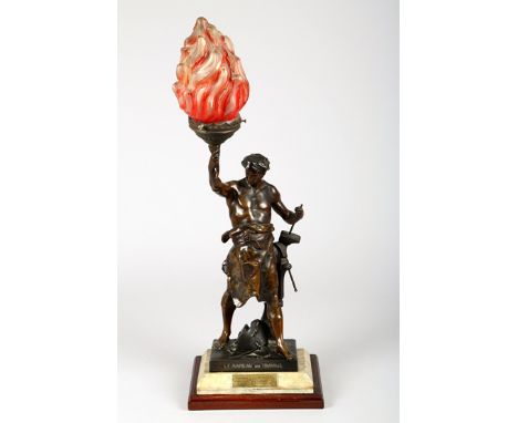 Bronzed figure lamp with glass shade on marble base, titled L’Olivier Le Rameau Du ‘Travail’, signed E. Picault 