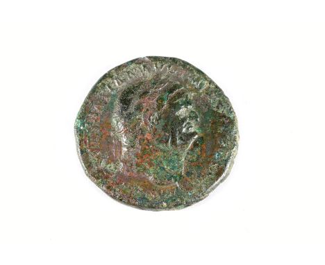 Roman Coin - Sestertius of Vespasian minted in Rome AD 77-78. One side with the laureate head of Vespasain, the other side wi