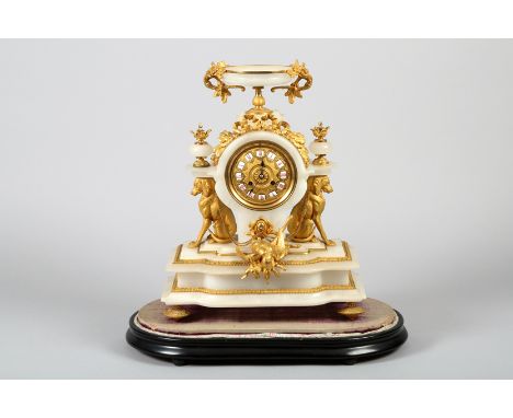 Late 19th Century French Ormolu mounted white marble clock, the dial flanked either side by a sitting gun dog with game to th