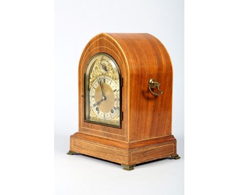Edwardian inlaid mahogany Lancet mantel clock, eight day two train movement, striking two gongs, the brass dial Roman numeral