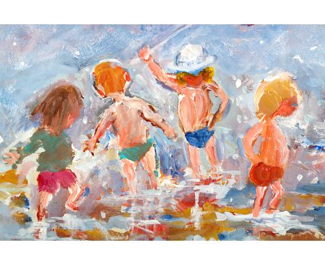 Sue Atkinson (British born 1949) Framed oil on board, signed ‘Children playing on the water edge’ 20cm x 27cm 
