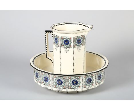 Two piece Cauldon wash set, basin and ewer decorated with a secessionist pattern, Factory mark to base. 