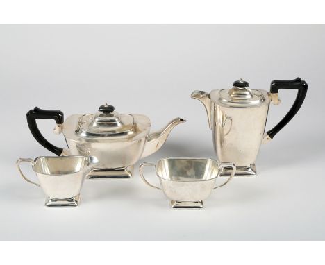 Art Deco silver four piece tea service, assay marked Birmingham 1936, by Deakin and Harrison, each piece plain stylised form 