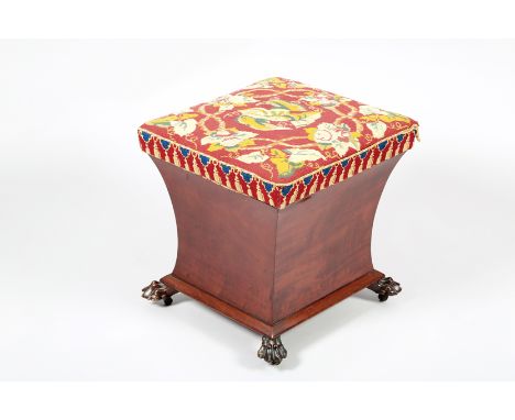Early Victorian mahogany stool of square concave form, sewn work hinged seat. 42cm square, 44cm high 