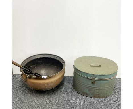 A hammered copper log container with tongs and toasting fork, Dia. 42cm, together with a metal hat box.
