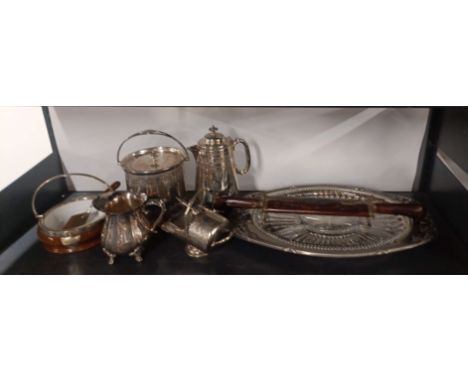 A quantity of good silver plate including a biscuit barrel, butter basket with a teak carving set.