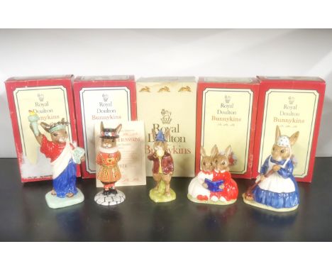 A group of five Bunnykins figures, Beefeater, Statue of Liberty, Partner's in collecting, Rise and Shine, clean sweep.