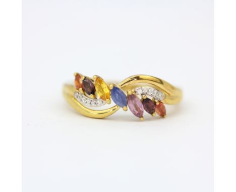 A gold on silver ring set with marquise cut semi-precious stones including tourmaline, pink topaz, citrine, etc, (r ).