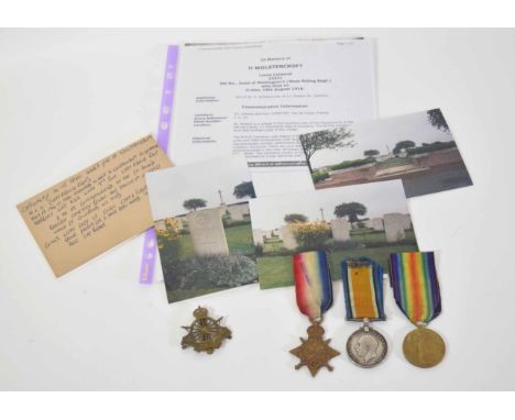 WWI casualty 1914-15 trio and Army Cyclists Corps cap badge impressed to 4467 Pte Herbery Wolstencroft of Army Cyclists Corps