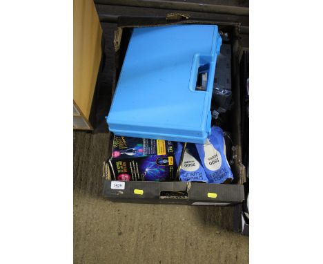 A box containing various sundries to include a party ceiling light; various light fixtures; fittings; light bulbs etc