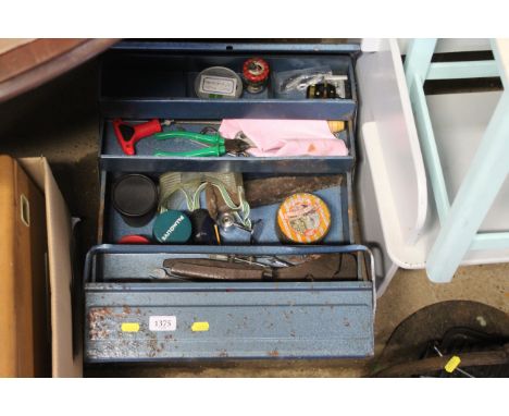 A metal cantilever tool box and contents of various tools to include a Mac Allister battery power screw driver; safety goggle