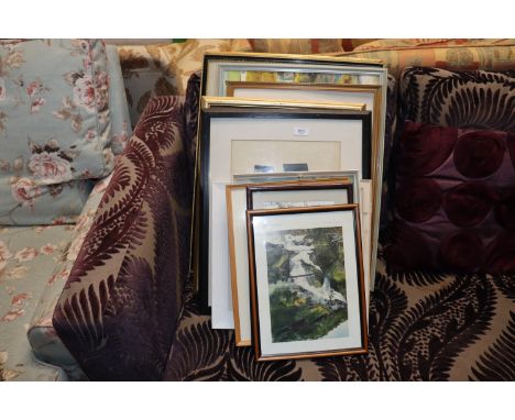 A quantity of pictures to include E Burt, pencil sketch dated '89; T. S. Boyes lithograph "Westminster Abbey"; embroideries e