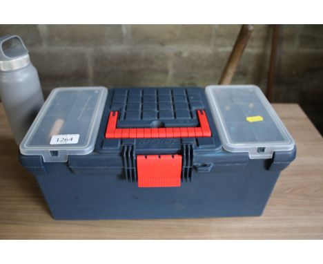 A small plastic tool box and contents of various miscellaneous items 