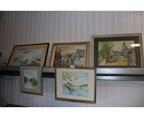 W H Miller, watercolour study of ducks in flight; watercolour study of a cottage signed RCN; G R Russell watercolour study of