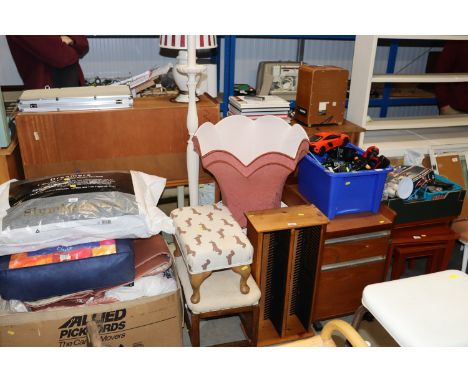 Two stools, pine CD storage unit, cream painted standard lamp and shade, white painted wicker laundry basket etc.