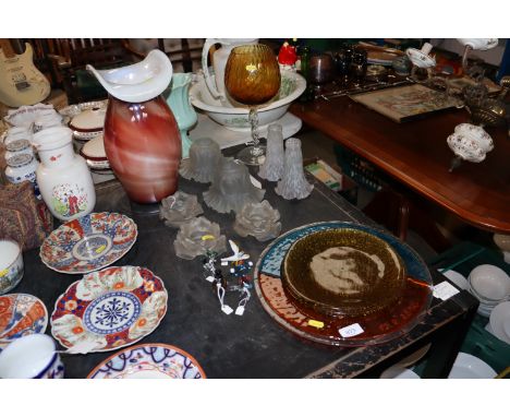 An Art Glass vase; a glass goblet; various glass ornaments; glass light shades etc