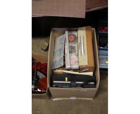 A box of various items to include a Philips radio; a Philips reel to reel player and various other items