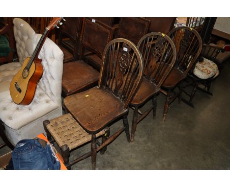 Three stick and wheelback chairs and a string seated stool