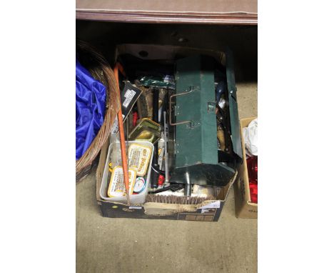 A box of various miscellaneous items to include metal tool box and contents of various hand tools; broom heads; wire brushes;
