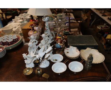 A pair of Royal Doulton vases AF; Italian pottery model cats; German porcelain figures of cherubs; Goebel style figures; fish