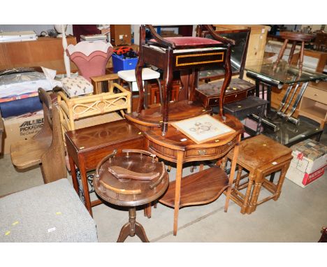 A pair of console tables together with a 19th Century piano stool and contents of various sheet music, a side table fitted si