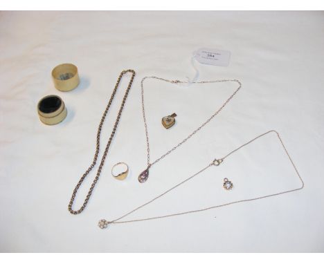 A 9ct gold signet ring, together with yellow metal chains and pendants  